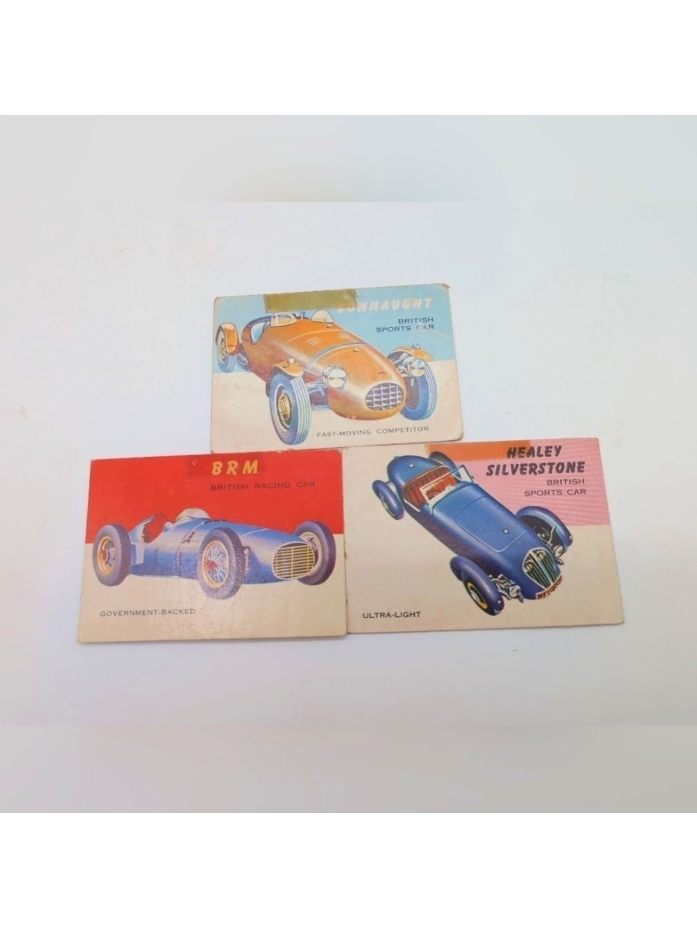 1954 Topps Car Card Set 3 British Race Cars BRM, Connaught, Healey Silverstone